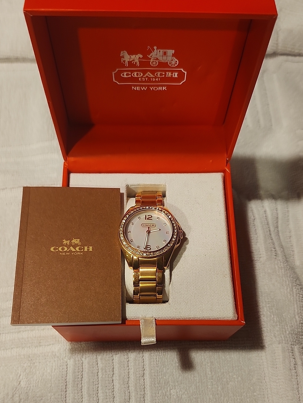 COACH Gold-Tone Crystal Bezel Woman 's Watch with White Dial